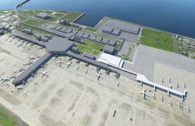 南西から北東方面を見たセントレアの第 2ターミナル（右側白地の建物） 左側は既存のターミナル （イメージ）