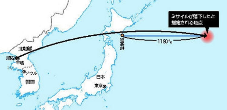 推定される北朝鮮のミサイルの軌跡と落下地点