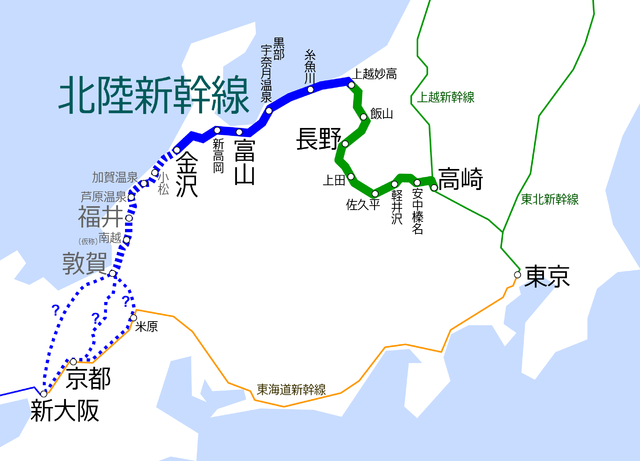 北陸新幹線は、整備新幹線5路線の一つで、日本海側周りで東京と大阪間を結ぶ約700kmの路線として計画されています