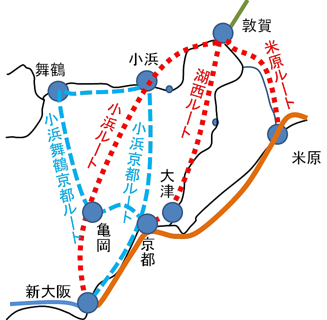 北陸新幹線 大阪延伸 敦賀－大阪間 敦賀以西ルート案の路線変遷地図　赤点線が初期の候補3ルート　青点線が追加された2ルート