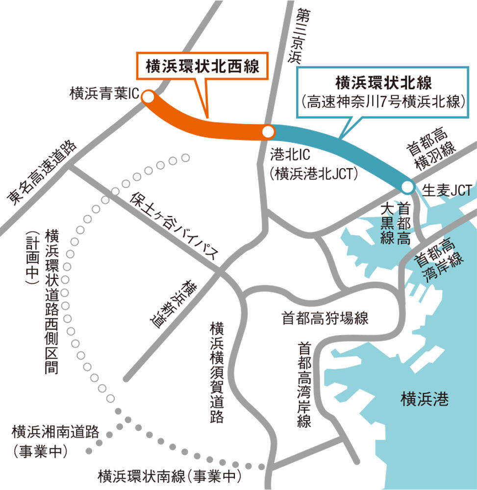 横浜北線と横浜環状北西線の位置関係図