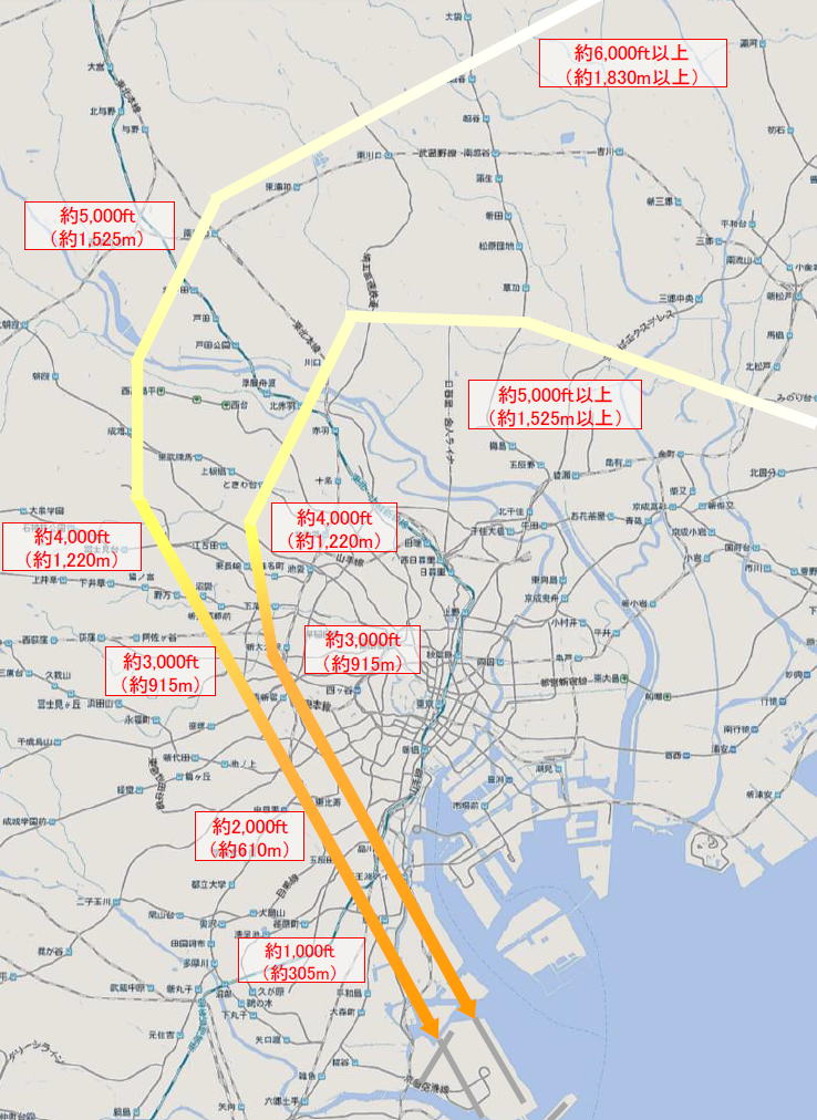 羽田空港　飛行経路　新飛行ルート　高度引き上げによる騒音影響の削減　今回の提案経路（好天時）
