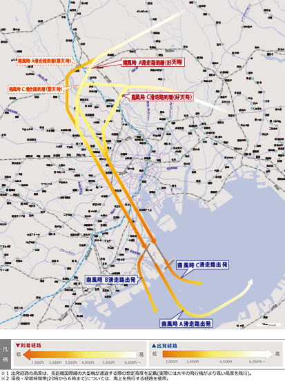 羽田空港　飛行経路　都心上空 飛行ルートの新設　4,000ft （1,220m）でも 大変な騒音被害 