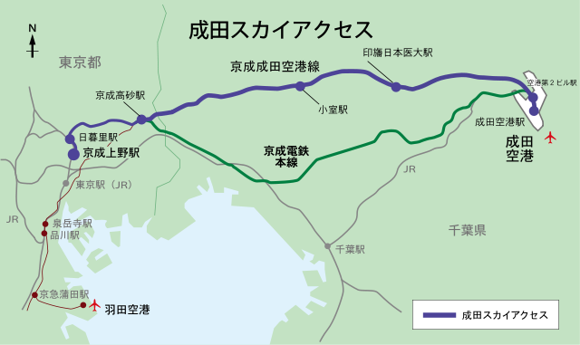 成田スカイアクセス、京成電鉄本線、JRの路線図
