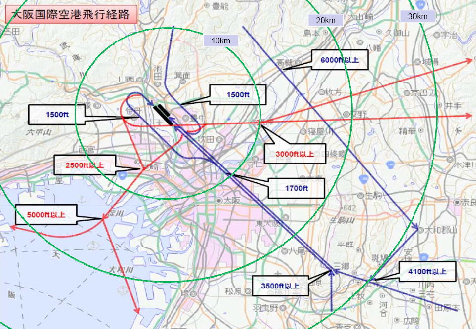 大阪国際空港の飛行経路図