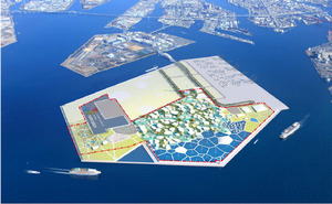 大阪万博会場イメージ図。大阪市の人工島「夢洲（ゆめしま）」の約155ヘクタールを予定。中央部の「パビリオンワールド」、南側の「ウォーターワールド」、西側の「グリーンワールド」の三つのエリアからなる（経済産業省提供）