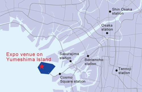 会場となる大阪湾に浮かぶ人工島「夢洲（ゆめしま）」、会場イメージ図