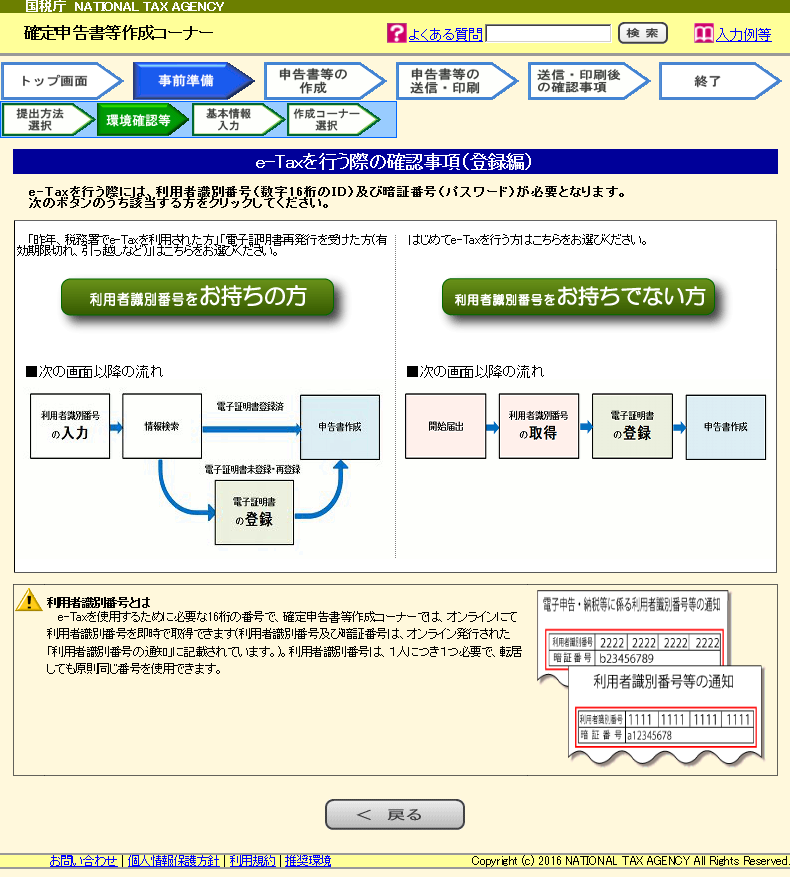 【e-Tax 使い方　確定申告の仕方】「利用者識別番号をお持ちの方」をクリックします