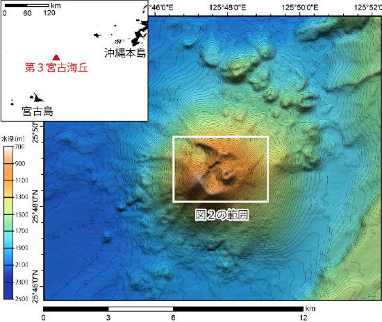 第３宮古海丘の位置及び｢拓洋｣による海底地形図（等深線の間隔 20m）