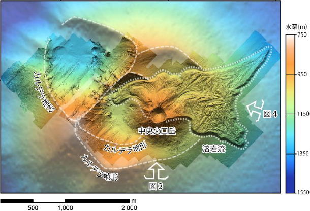 「ごんどう」による第３宮古海丘の山頂部底地形図 「拓洋」で取得した地形図の上に、ごんどうで取得した地形図を重ねて表示