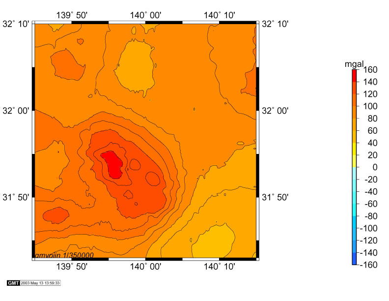 明神礁 (ベヨネース列岩) フリーエア重力異常図