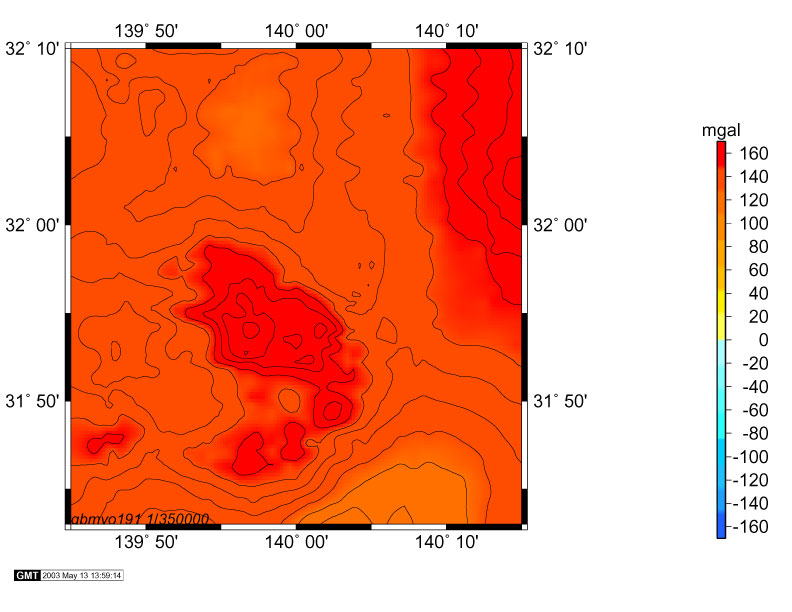 明神礁 (ベヨネース列岩) ブーゲー重力異常図
