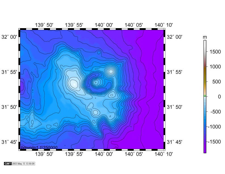 明神礁 (ベヨネース列岩) 音響基盤深度図