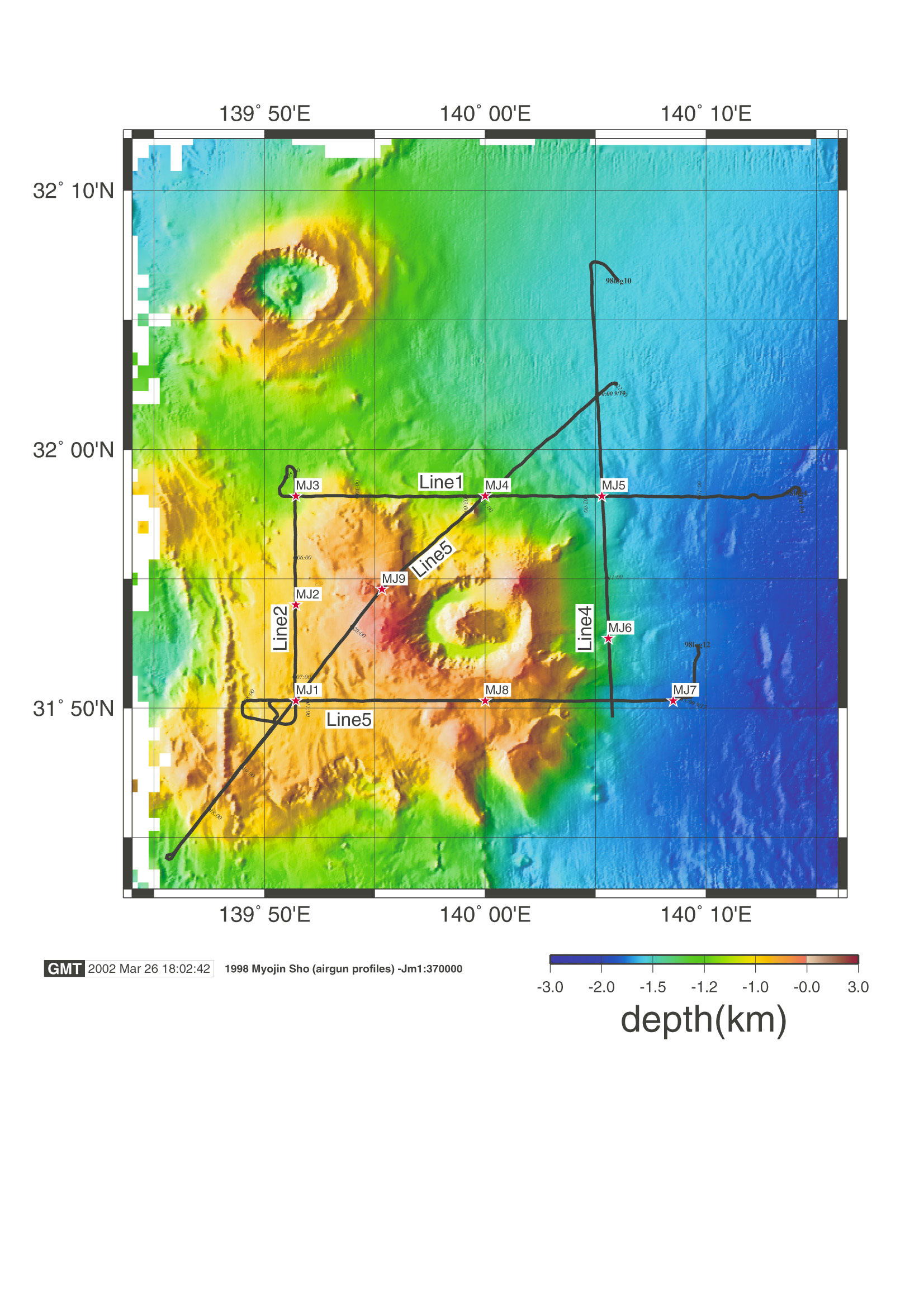 明神礁 (ベヨネース列岩) 地震波探査測線図