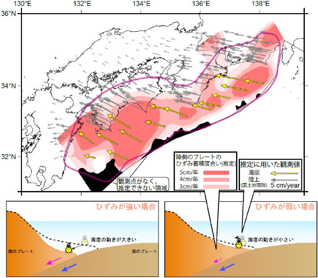 海底地殻変動観測から推定された南海トラフ全域のひずみ蓄積の分布　（ 南海トラフ巨大地震想定震源域 ）