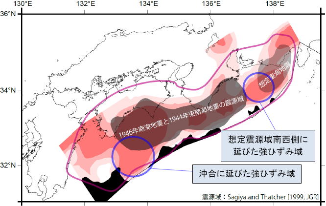 想定東海地震・1944年東南海地震・1946年南海地震の震源域とひずみ分布の比較