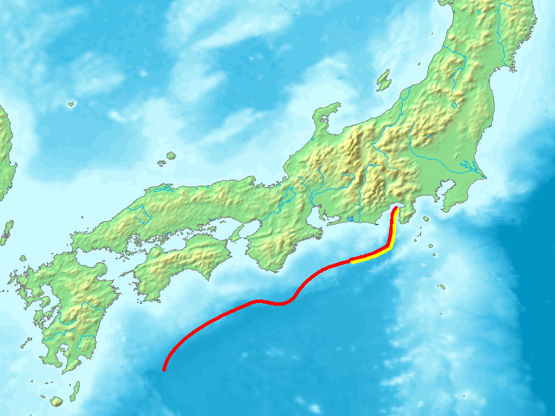 南海トラフの位置（赤線）　駿河トラフ（黄線）<br>
