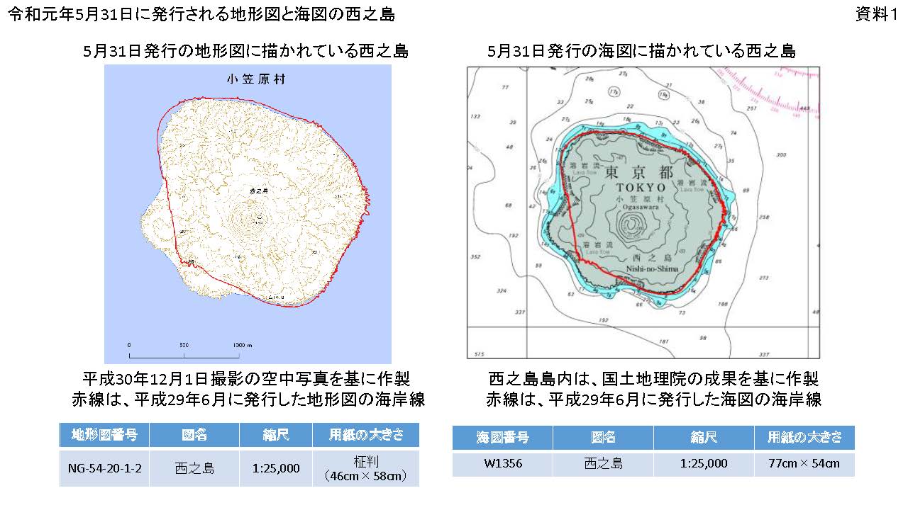 令和元年５月31 日に発行する地形図と海図の西之島