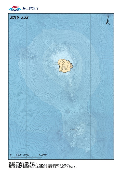 西之島（西ノ島） 海底地形図　2015年2月23日　海上保安庁　現在、溶岩流が向かい、陸地が拡大している西之島東側は、既に深海まで落ち込む崖地形の縁まで達していますので、西之島東側への拡大速度は、極端に遅くなりそうです