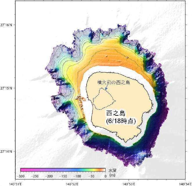 西之島周辺海域の調査の概要　西之島海底地形図 2015年6月～7月測量 無人測量船「マンボウⅡによる測深結果」　「海上保安庁 西之島周辺の海底調査データの解析結果について 平成２７年１０月２０日」 より