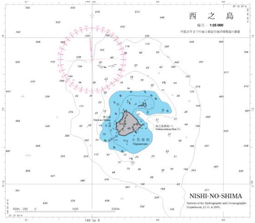 平成28年6月3日付、海上保安庁発行の水路通報により廃版された海図　（W49「小笠原諸島分図 第 1」の「西之島」）