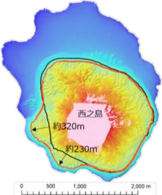 西之島（新島）の低潮線の変化（着色部：航空レーザー測量データ部分）