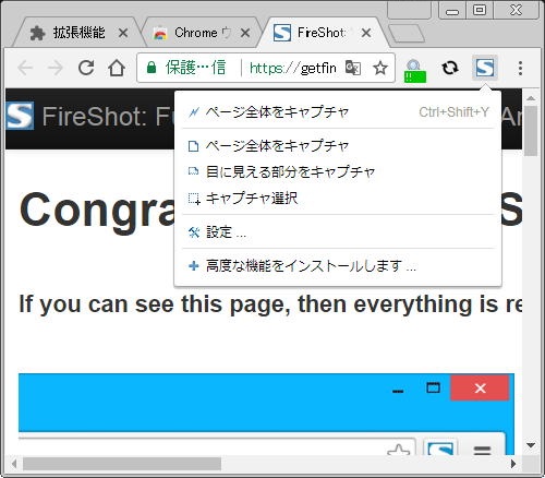 Google Chrome 画面右肩に追加された 「 FireShot 」 アイコンをクリックし、「ページ全体をキャプチャ」をクリックします