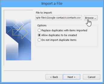「ファイルのインポート」ボックスで連絡先ファイルを参照し、そのファイルをクリックします