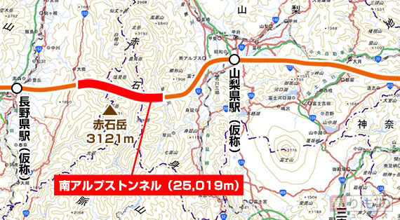 山梨、静岡、長野の3県にまたがる、全長2万5019mの南アルプストンネル（国土地理院の地図を加工）