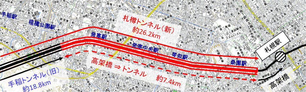 北海道新幹線　札幌市街地区間 高架橋構造から トンネル構造へ変更　平面地図