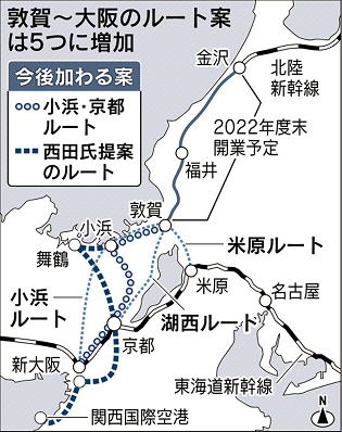 北陸新幹線、大阪延伸ルートで新たに２案　協議難航も　日本経済新聞　2015/12/11 20:05