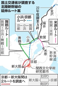 北陸新幹線 大阪延伸 敦賀－大阪間 敦賀以西 絞り込まれた3案に、けいはんな学研都市経由 を加えたルート案 路線地図
