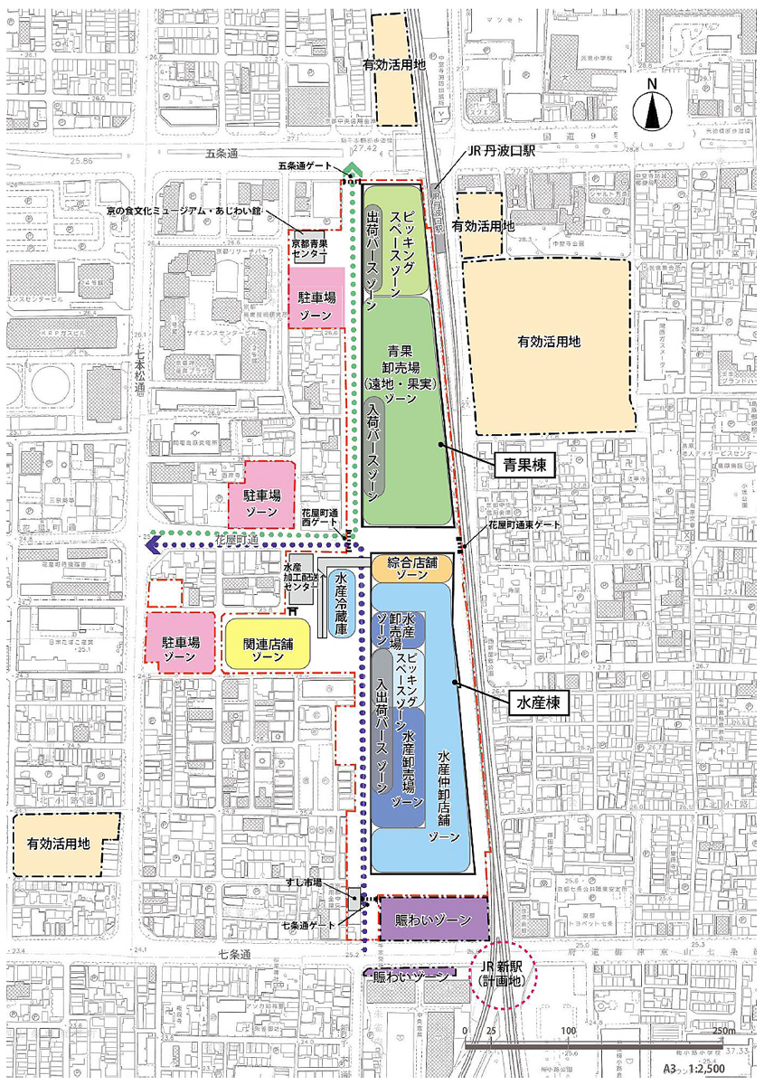 京都市中央市場施設整備基本計画 新市場施設配置図案（資料：京都市）