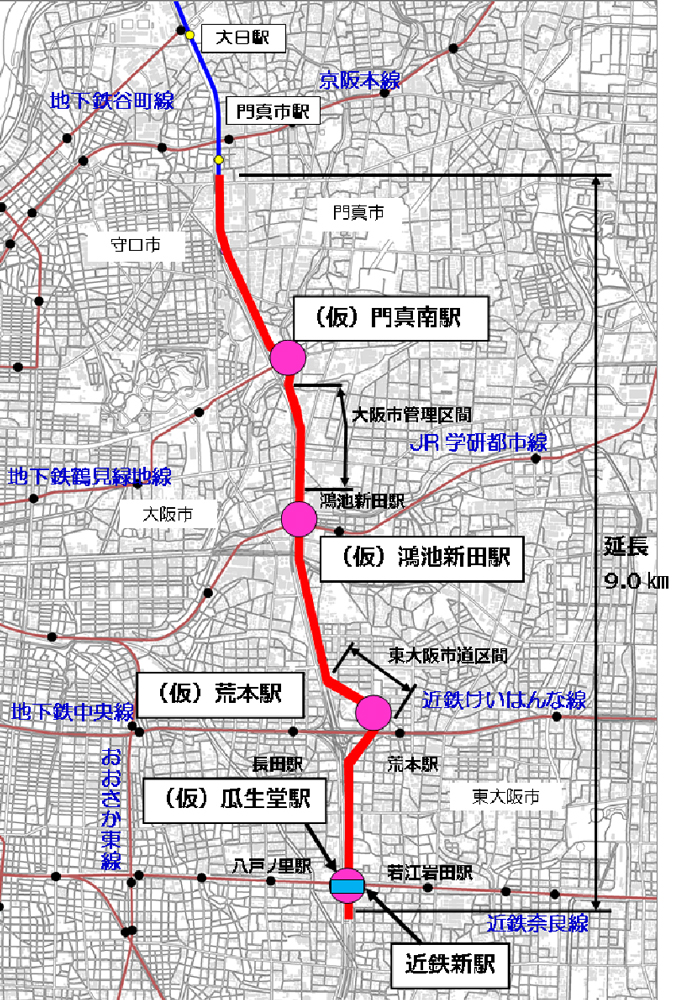 大阪モノレールの延伸区間の位置図　（資料：大阪府）