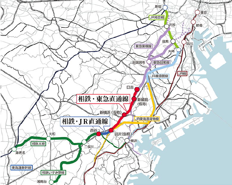 都市鉄道利便増進事業　神奈川東部方面線　（相鉄・JR直通線 相鉄・東急直通線）　路線図