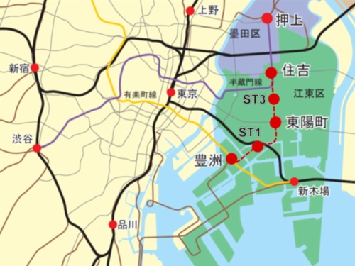 江東区が想定した有楽町線の延伸ルート 地図　（資料：江東区）
