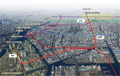 江東区が想定した有楽町線の延伸ルート 俯瞰写真　（資料：江東区）