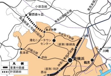 点線が調査に着手した延伸区間。オレンジ色の部分が横浜市内で、あとの半分は川崎市内となる。太い線で描かれているのは、既に事業中の「神奈川東部方面線」（資料：横浜市）