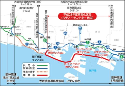 大阪湾岸道路西伸部の位置図。西側にある名谷JCTまで延ばす計画もあるが、まだ事業化されていない（資料：国土交通省近畿地方整備局、阪神高速道路会社）