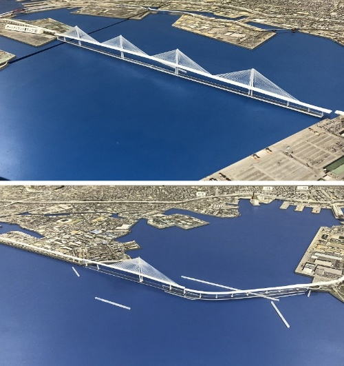 上が六甲アイランドとポートアイランドの間に建設する5径間連続斜張橋の模型。最大支間長650mは、国内全ての斜張橋と比較しても2位となる。1位は本州四国連絡橋の多々羅大橋で890m。下はポートアイランド―和田岬間に架ける1主塔斜張橋（写真：阪神高速道路会社）<br>