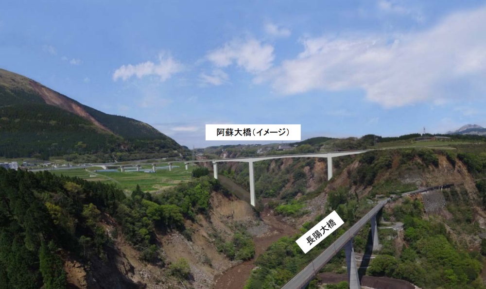 阿蘇大橋架け替え後のPC3径間連続ラーメン箱桁橋のイメージ。写真の奥側に旧阿蘇大橋が架かっていた（資料：国土交通省）