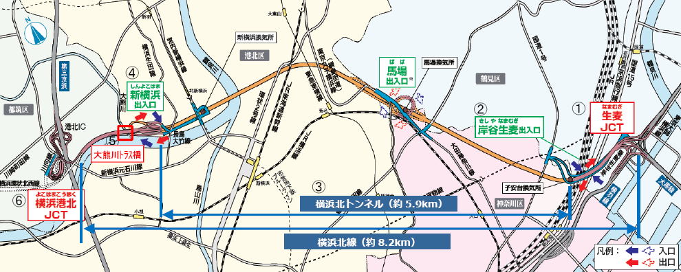 首都高速 神奈川 7号 横浜北線 （K7） （首都高速 横羽線 （K1）～第三京浜）の路線図