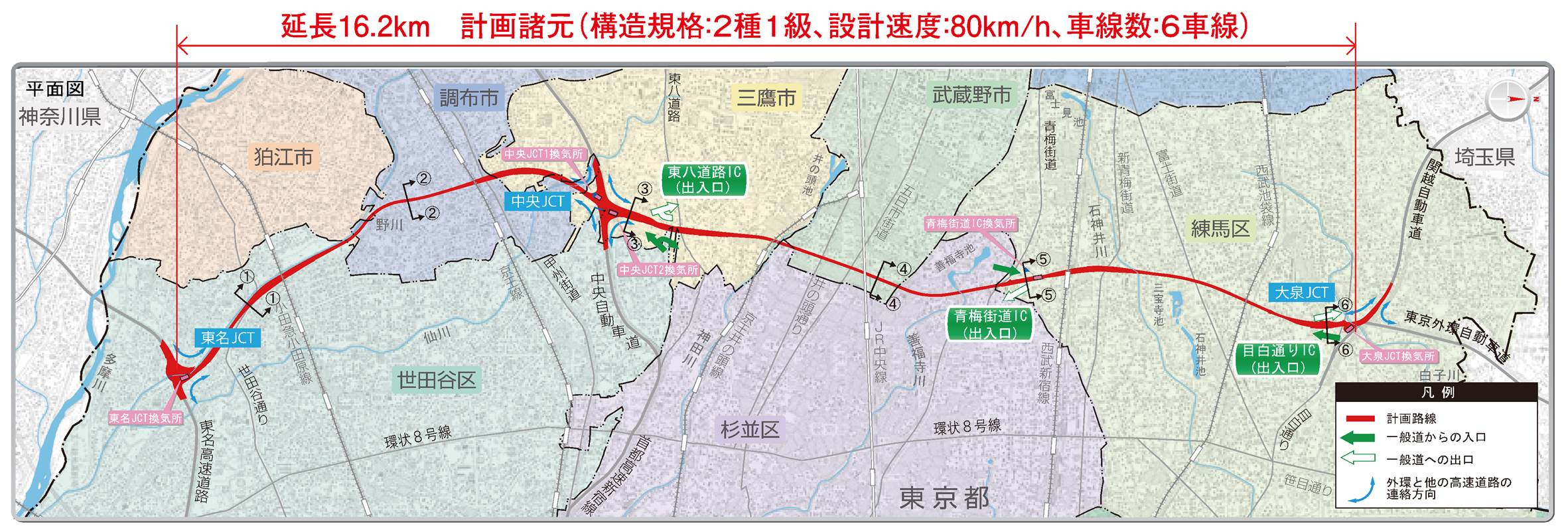 外環道東京区間　関越道～東名高速間の計画概要　路線図