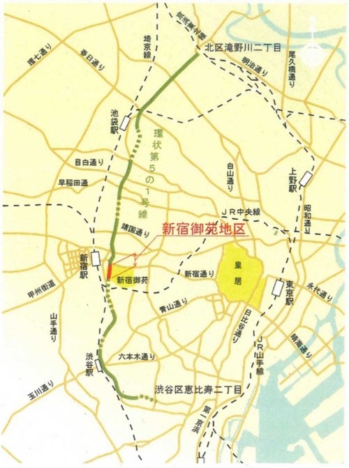 東京都が都市計画道路として定めた「環状第5の1号線」の概要。2004年12月時点の資料から抜粋した。大部分は明治通りとして既に開通している。点線は事業中の区間で、拡幅工事などが進められている（資料：東京都）