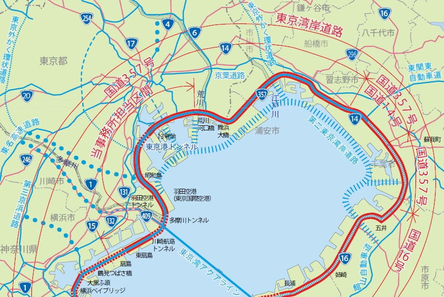 国土交通省川崎国道事務所が作成した道路整備図。2005年4月時点の東京湾岸道路などの整備状況を示した図に、第二東京湾岸道路の大まかなルートも示している （資料：国土交通省川崎国道事務所）